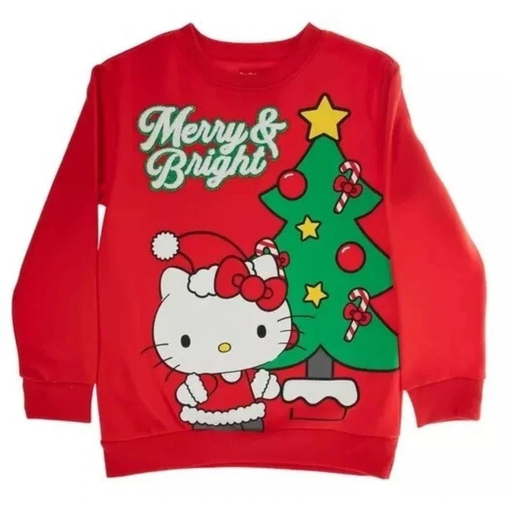 Christmas Embroidered Hello Kitty Merry Bright Long Sleeve Sweatshirt Red XS‎